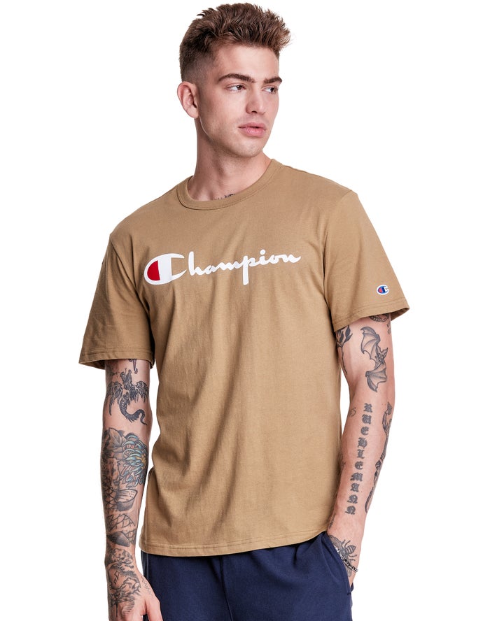 Champion Lightweight Script Logo - Miesten Khaki T-Paita - Suomi 0381945-BD